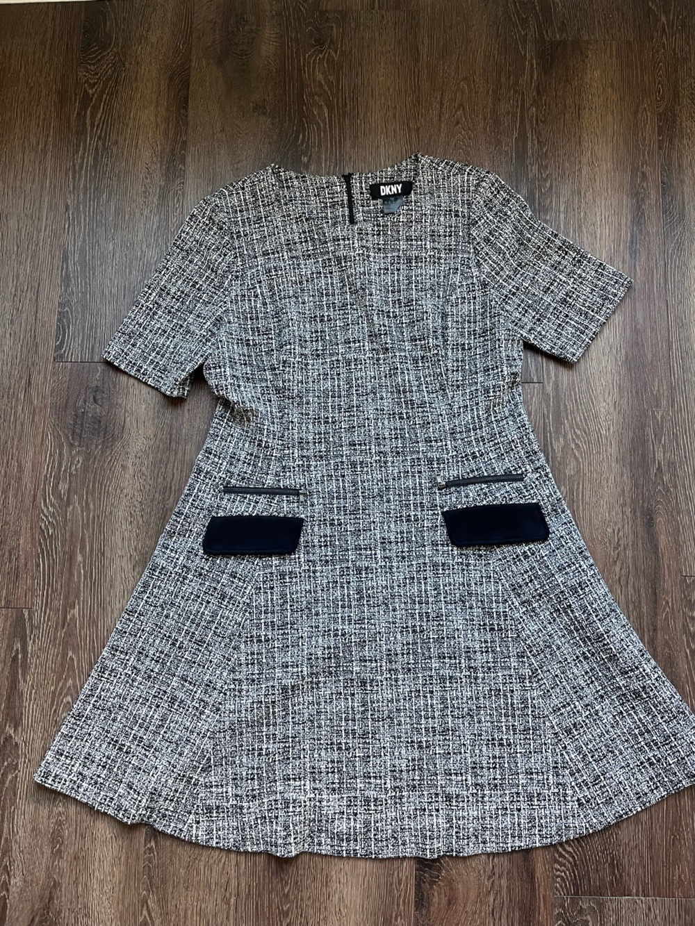 DKNY Black and White Tweed Short-Sleeve Jacket Dress